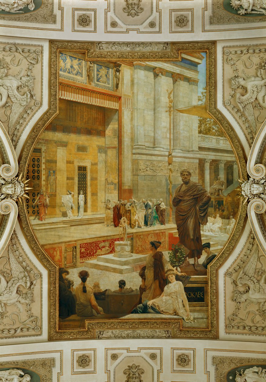 Wienin Burgtheater, portaikko: kattofresko Dionysos-teatteri Ateenassa (fresko) tekijältä Franz von Matsch