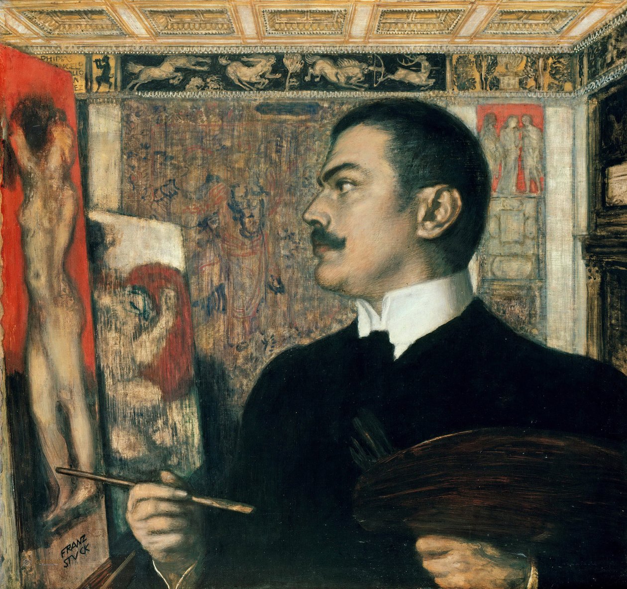 "Omakuva studiossa" (Omakuva studiossa) Franz von Ritter Stuckin (1863-1928) maalaus 1905 Staatliche Museen, Berliini tekijältä Franz von Stuck