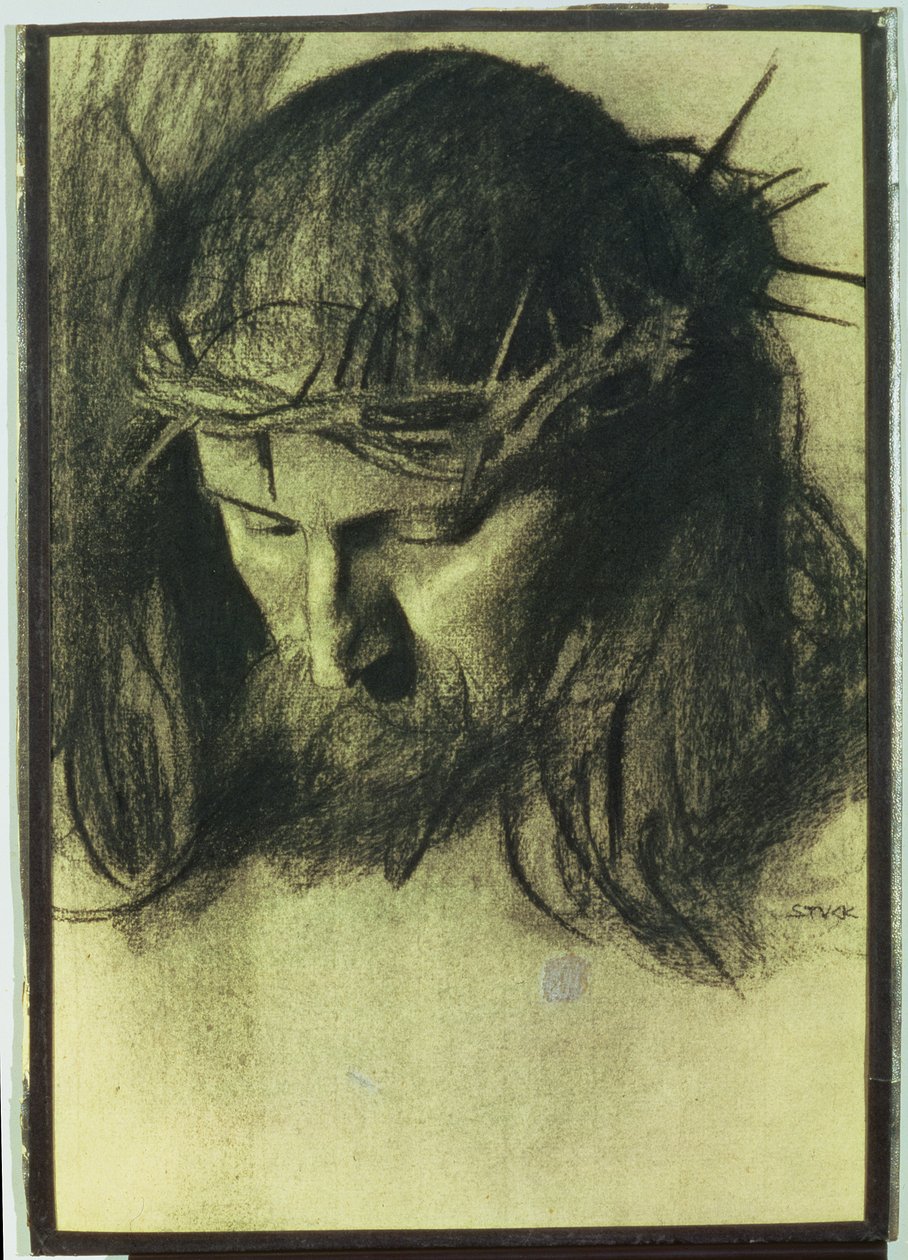 Kristuksen pää, n. 1890 (hiili ja liitu) tekijältä Franz von Stuck