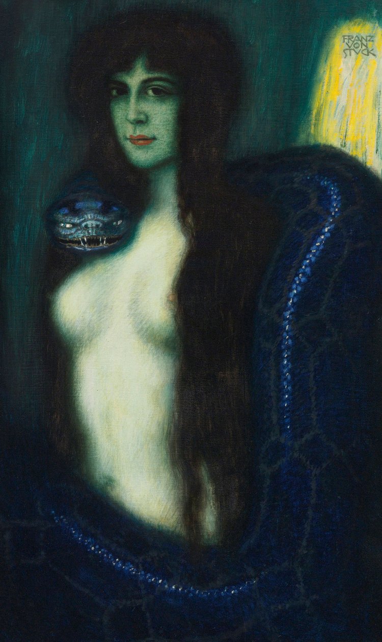 Le peche - The Sin par Stuck, Franz, Ritter von (1863-1928). Öljy kankaalle, koko: 90,2x53,3, , Yksityiskokoelma tekijältä Franz von Stuck