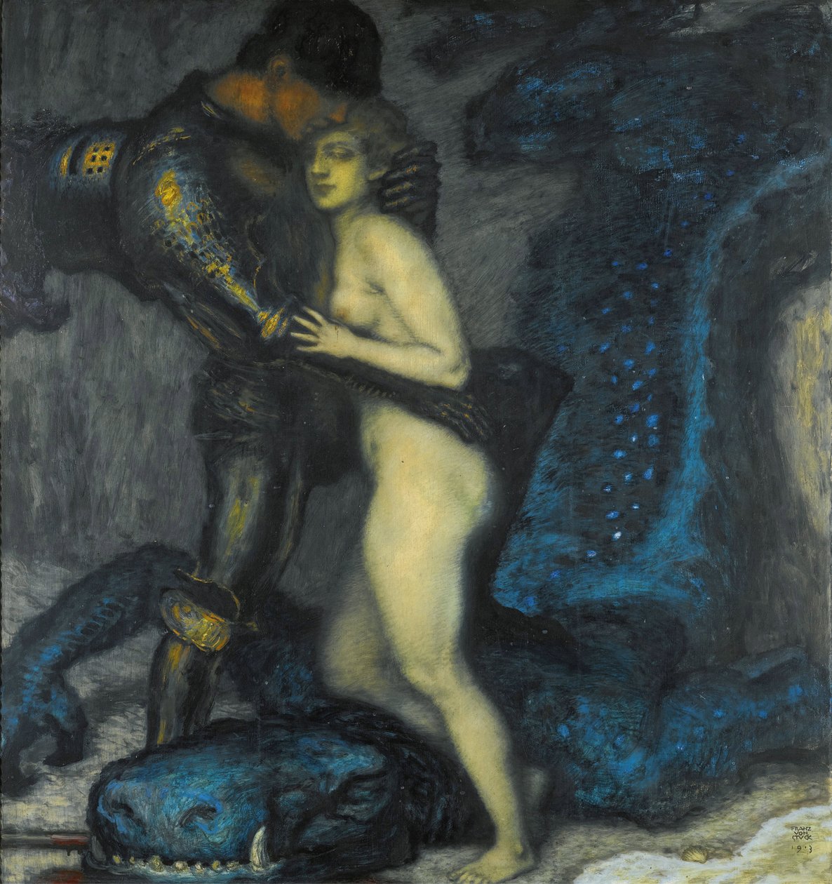 ""Le tueur de dragons"" (Lohikäärmeentappaja) Franz Ritter von Stuckin (1863-1928) maalaus 1913 Yksityinen kokoelma tekijältä Franz von Stuck