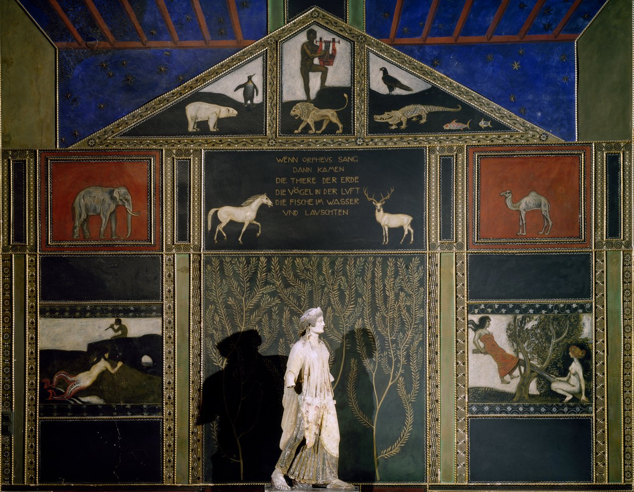 Orpheuksen myytti, Franz von Stuckin maalaus tyypillisellä Secession-teemalla ja -värillä, säilytetty Hall of Musicin itäseinällä, Villa Stuck, München, Saksa tekijältä Franz von Stuck