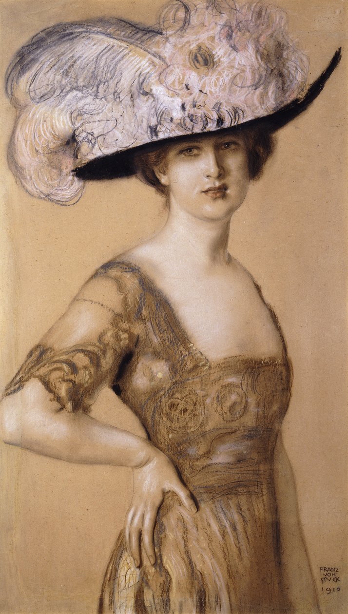 Muotokuva naisesta, jolla on höyhenhattu, 1910 tekijältä Franz von Stuck