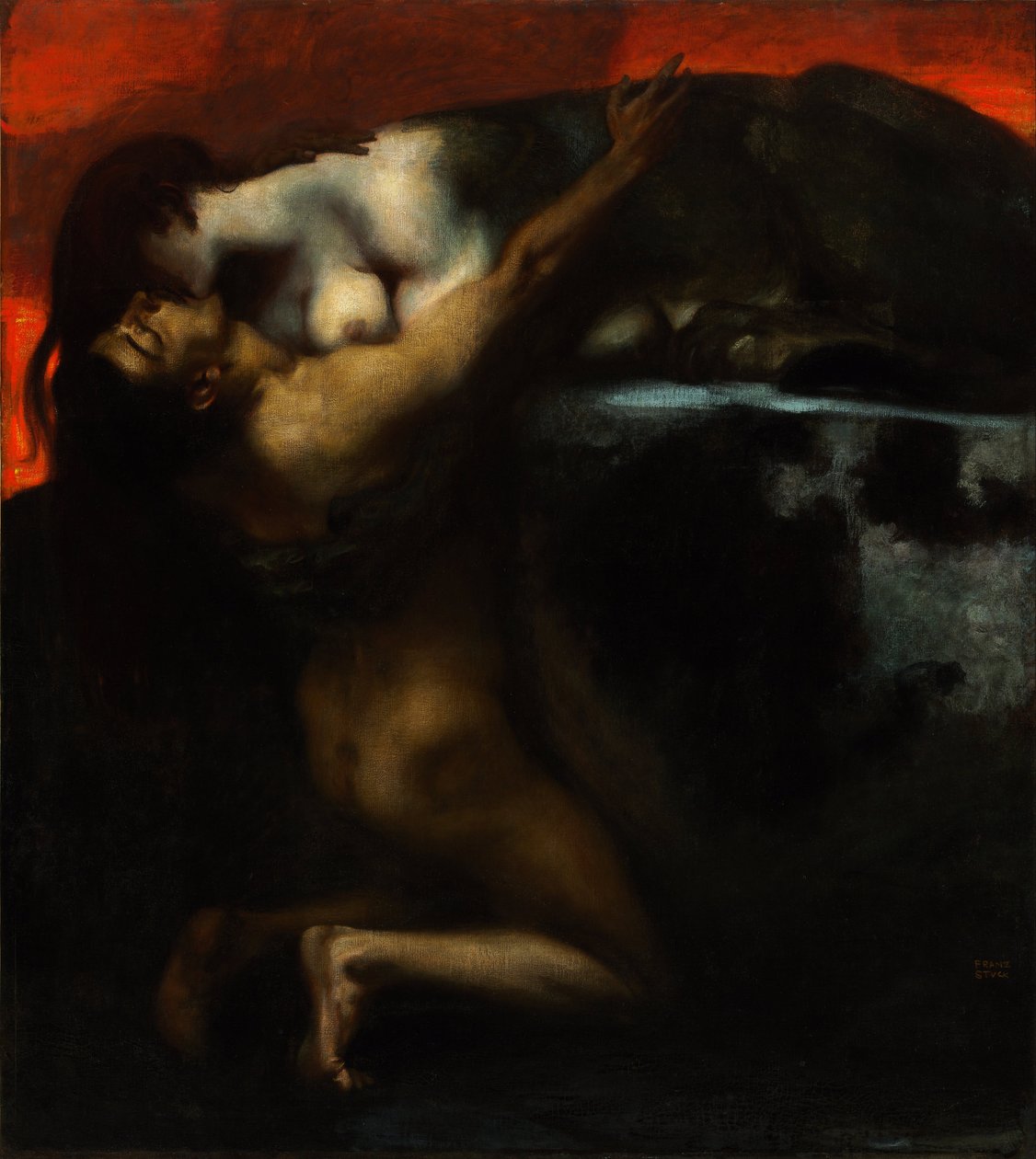 Sfinksin suudelma - Franz Ritter von Stuckin kuva (1863-1928) - 1895 - Öljy kankaalle - 160x144,8 - Szepmuveszeti-museo, Budapest tekijältä Franz von Stuck