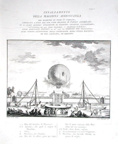 Ensimmäinen miehitetty kuumailmapallolento Italiassa, jonka teki Paolo Andreani (1763-1823) 1784, kaiverrus Girolamo Mantelli, julkaistu 1785 (kaiverrus) (katso myös 206819) tekijältä Fratelli Gerli (after)