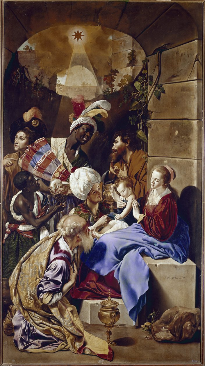 Maagien palvonta. (öljy kankaalle, n. 1610) tekijältä Fray Juan Batista Maino or Mayno