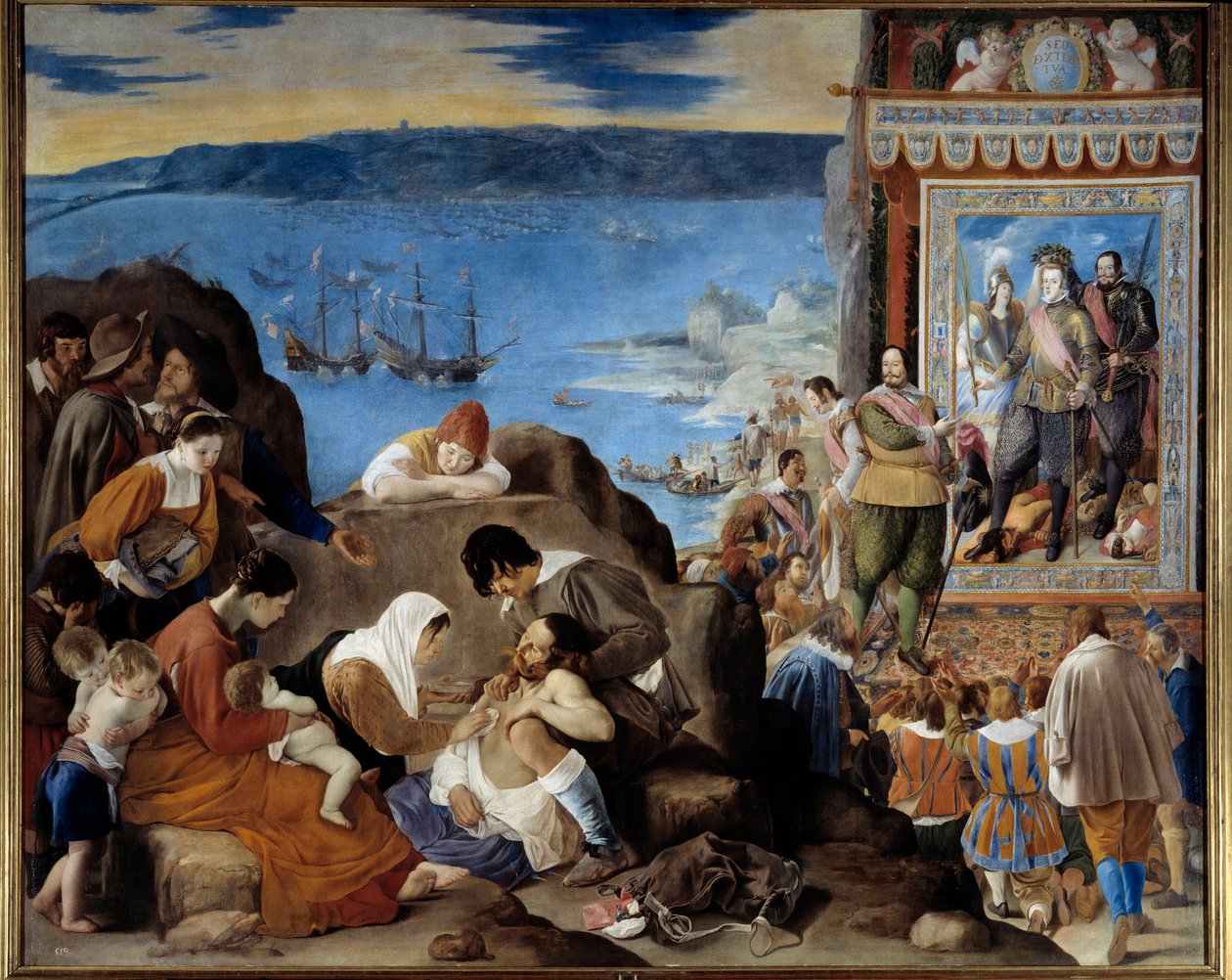 Allegoria Salvador de Bahian (Brasilia) vallasta portugalilaisen, espanjalaisen ja intialaisen armeijan toimesta Fadrique Alvarez de Toledo y Mendozan (1580-1634) johtamana 1. toukokuuta 1625 (Bahian valloitus Brasiliassa) - Vasemmalla: uhrit - Oikealla: k tekijältä Fray Juan Batista Maino or Mayno