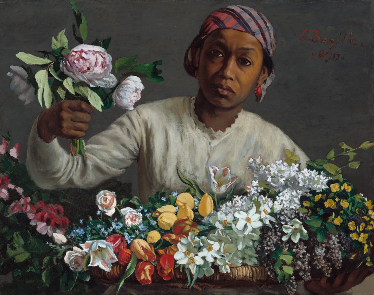 Nuori nainen pionien kanssa tekijältä Frédéric Bazille