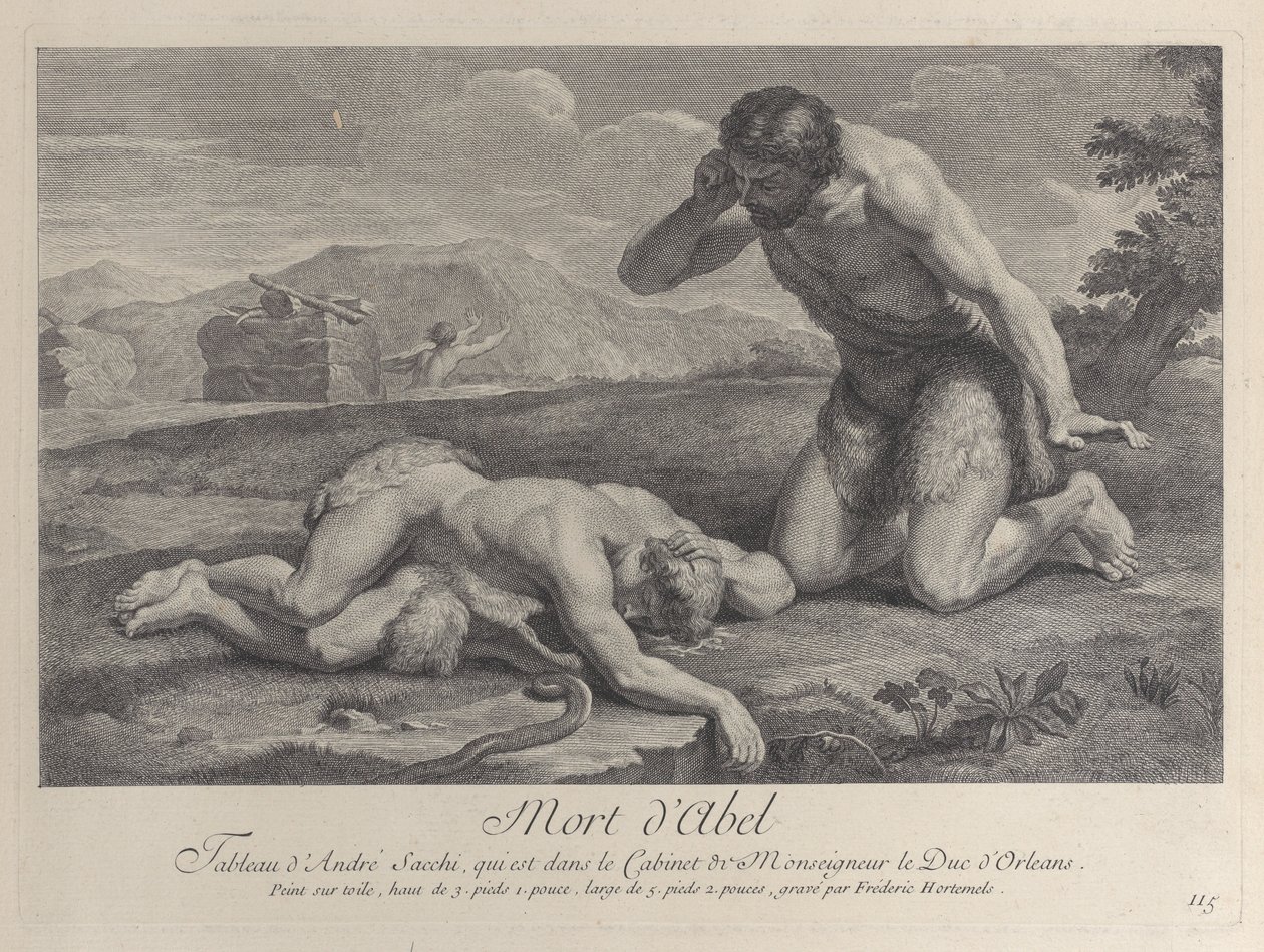 Adam polvistuu surussa Abelin ruumiin viereen, kun taas Kain pakenee taustalla, n. ..., n. 1729. tekijältä Frédéric Horthemels
