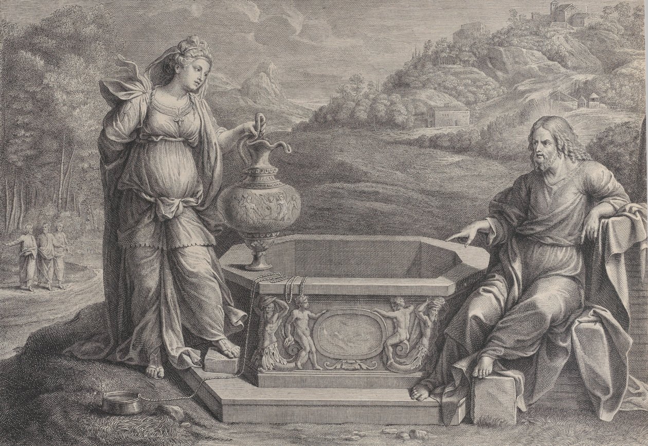 Kristus, istuu oikealla, ja samarialainen nainen, joka seisoo vasemmalla, n. 1729. tekijältä Frédéric Horthemels