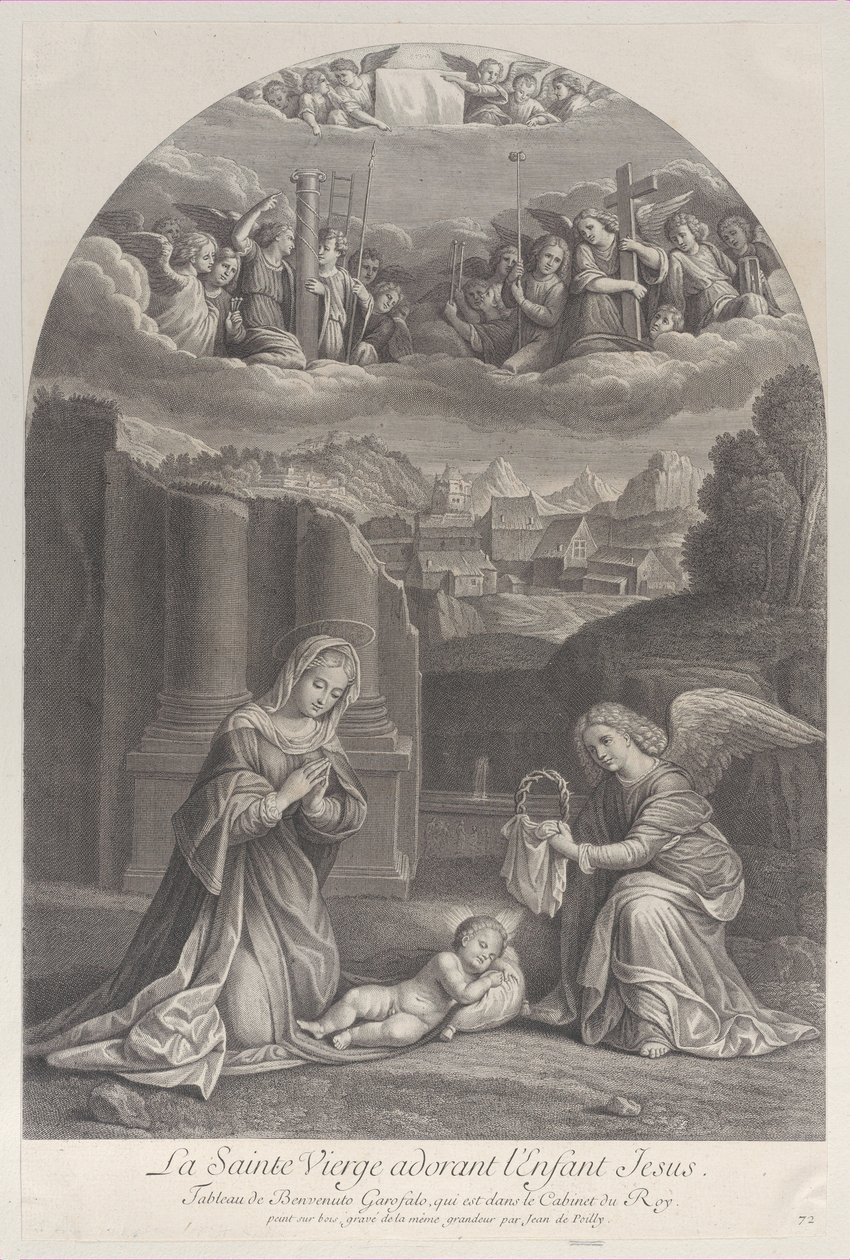Neitsyt Maria palvoo Kristus-lapsia, enkeli pitelee orjantappurakruunua oikealla,..., n. 1729. tekijältä Frédéric Horthemels