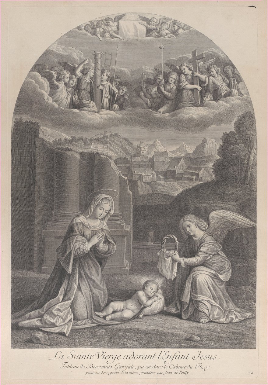 Neitsyt Maria palvoo Kristus-lapsia, enkeli pitelee orjantappurakruunua oikealla,..., n. 1729. tekijältä Frédéric Horthemels