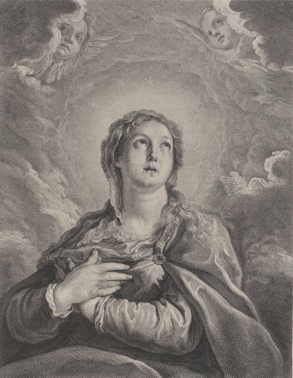 Neitsyt, kädet ristissä rintakehällä, katsoo ylöspäin, 1729-40. tekijältä Frédéric Horthemels