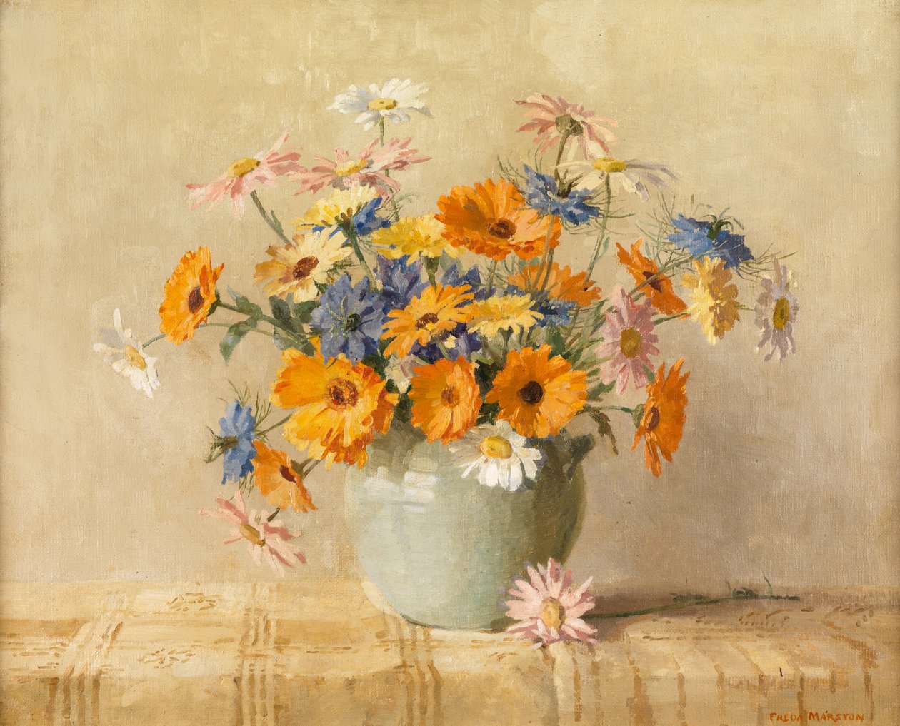 Love-in-a-Mist, Marigold, Oxeye Daisies (öljy kankaalle) tekijältä Freda Marston