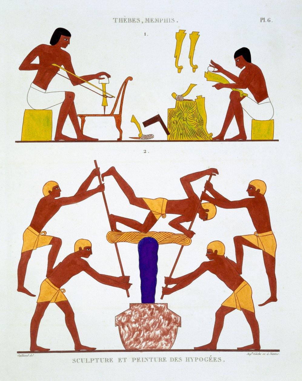Puusepäntyöt ja värjäyskangaslanka, joka on peräisin harvoista Theban freskoista, nauhoitti Frederic Cailliaud (1787-1869) toisella Egyptin-vierailullaan vuosina 1819-1822, väri litho tekijältä Frederic Cailliaud