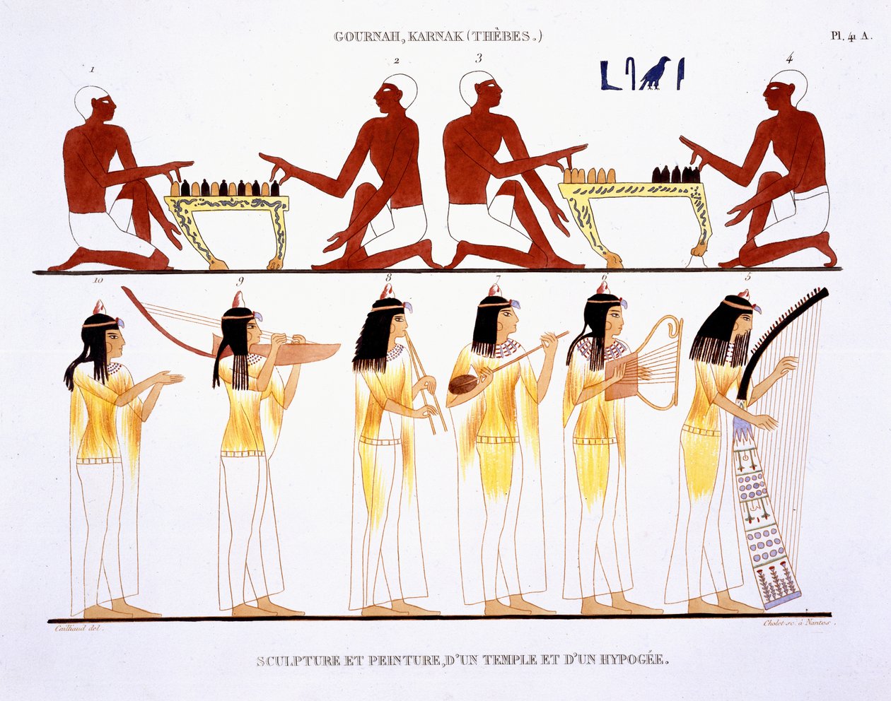 Miehet pelaavat ja naiset soittavat instrumentteja harvinaisista Theban freskolevyistä, jotka Frederic Cailliaud (1787-1869) nauhoitti toisella Egyptin-vierailullaan 1819-1822, väri litho tekijältä Frederic Cailliaud