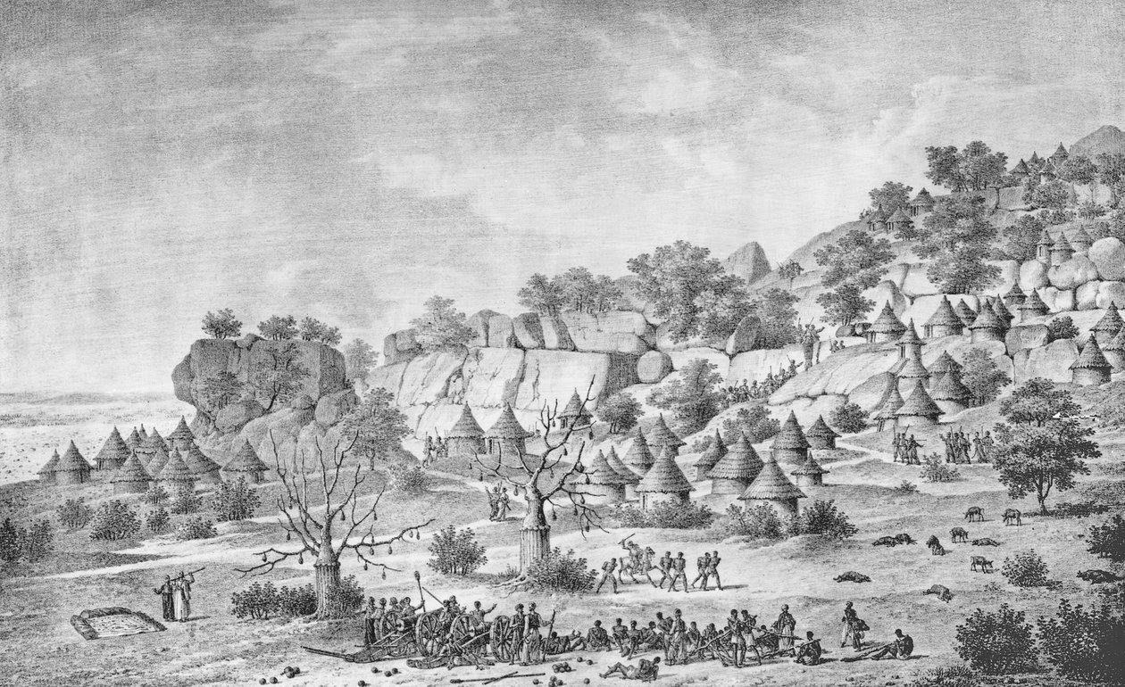 Näkymä Agadyn pohjoispuolella sijaitsevasta kylästä Bertatin alueella, teoksesta "Voyage à Meroe: au fleuve Blanc, au-dela de Fazoqldans le midi du royaume de Snnar a Syouah", julkaistu 1827. tekijältä Frederic Cailliaud