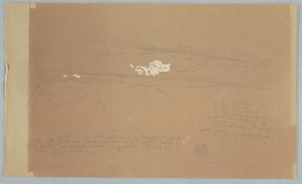 Piirustus, pilvinen taivas vuoristomaisemaa, mahdollisesti 1857 tekijältä Frederic Edwin Church