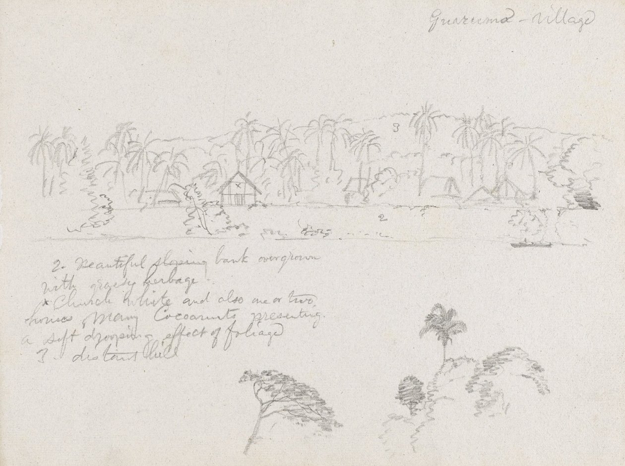 Piirustus. Luonnokset. Guarumon kylä, luultavasti Kolumbiassa. tekijältä Frederic Edwin Church