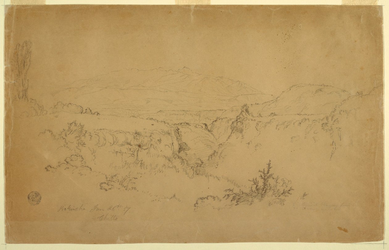 Piirustus, näkymä Pichincha -vuorelle Chillosta, Ecuador, 26. kesäkuuta 1857 tekijältä Frederic Edwin Church