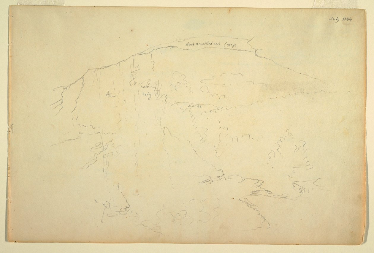 Piirustus, Wooded Hillside, Catskill Mountains, heinäkuu 1844 tekijältä Frederic Edwin Church