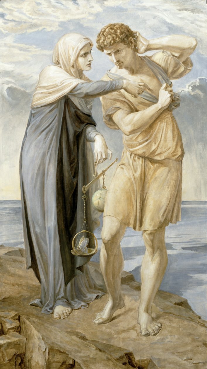 Ihminen kuuntelee omantunnon vetoomusta, 1910 tekijältä Frederic James Shields