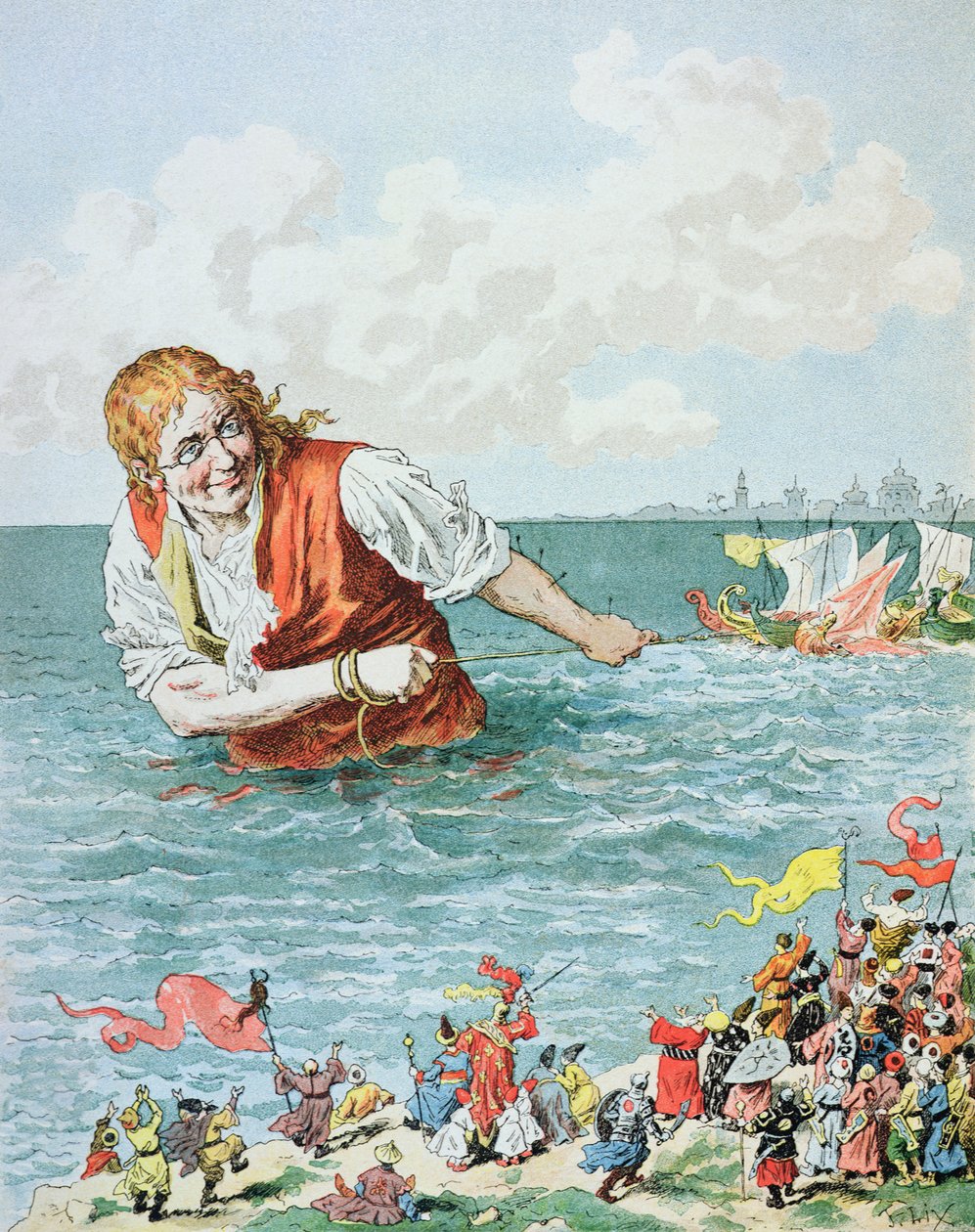 "Sitten ajaessani saalistani saavuin pian keisarilliseen satamaan...", kuva Jonathan Swiftin (1667-1745) "Les Voyages de Gulliverista" tekijältä Frederic Theodore Lix