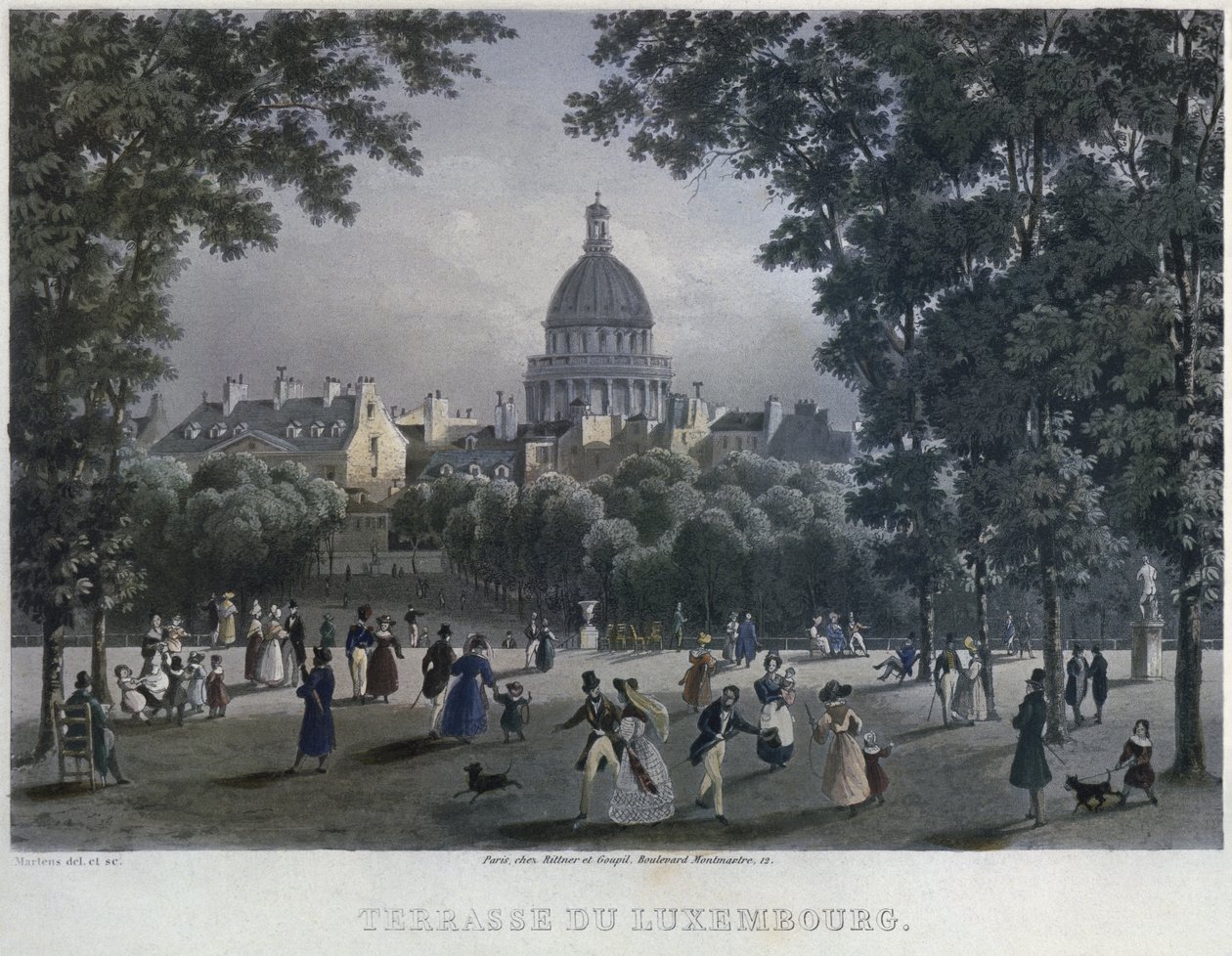 Jardin du Luxembourg, kaiverrus Frederic Martens (1809-75) 1832 (värikaiverrus) tekijältä Frederic Martens