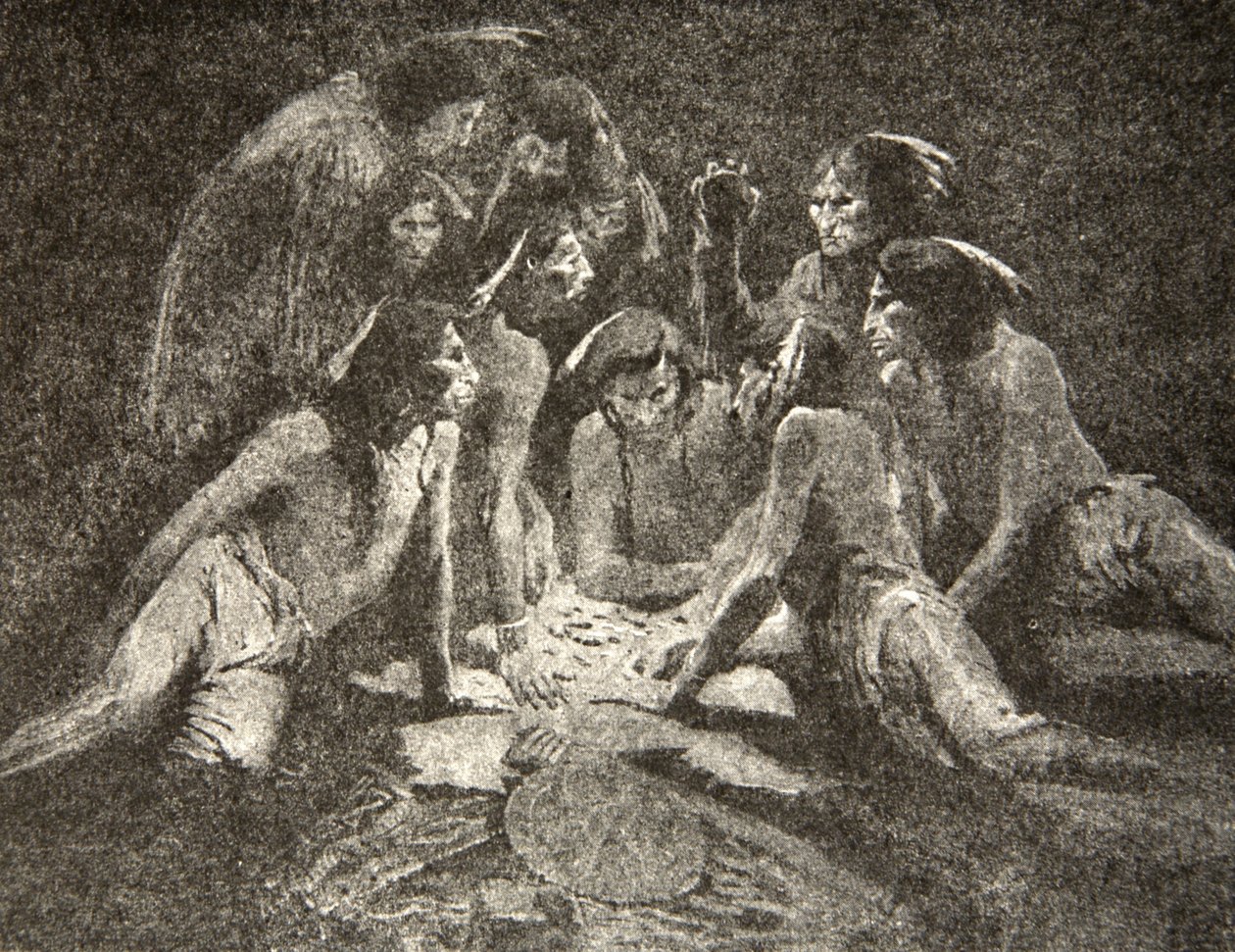 Kaikki vanhat miehet ja nuoret miehet... Soitettu keskiyöhön asti, soitettu aamuun asti, Henry Wadsworth Longfellowin (1807-82) laulusta Hiawatha, pub. George G. Harrap und Company Ltd., 1911 tekijältä Frederic Remington