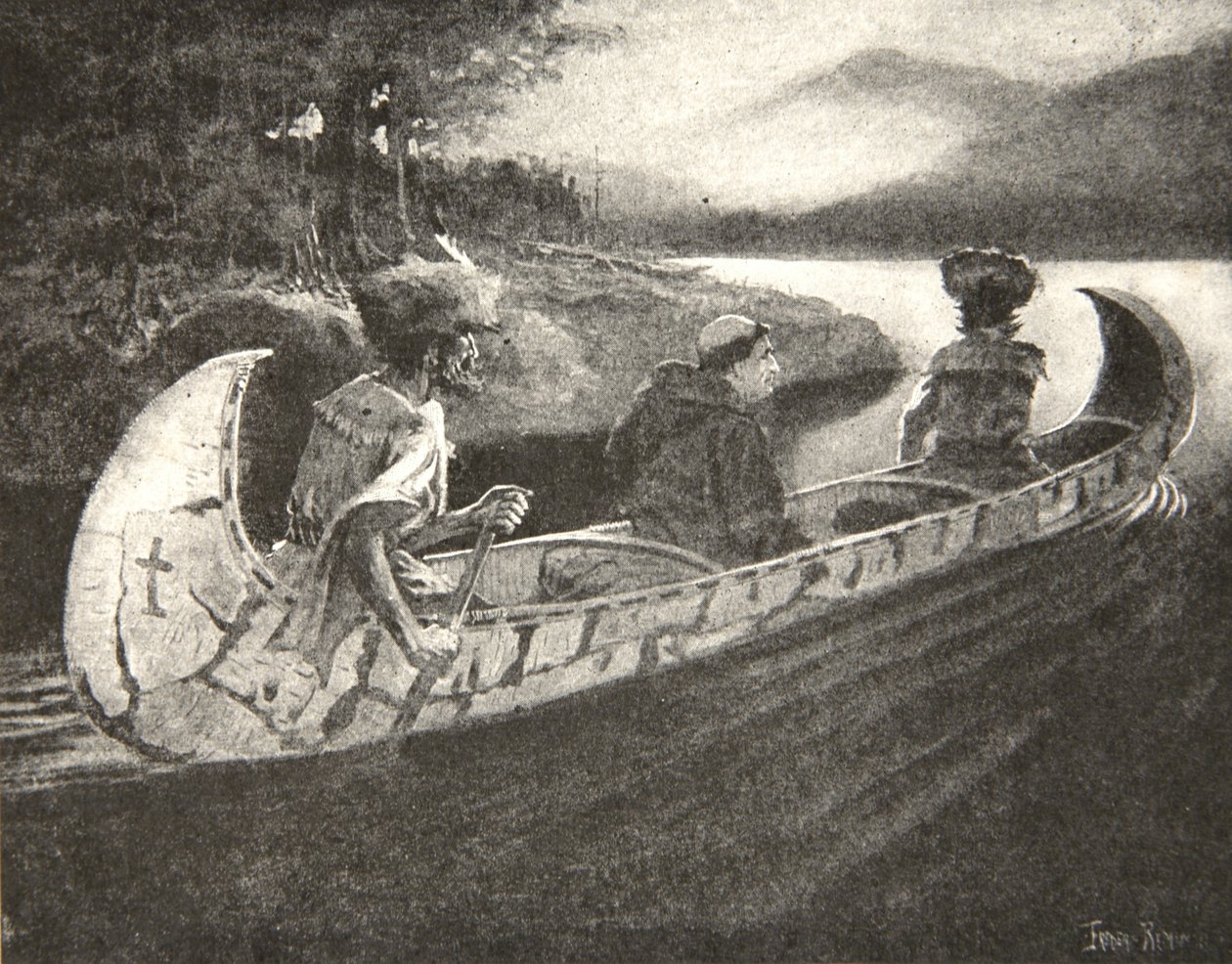 Tuli Black-Robe-päällikkö,... kalpeanaamainen, oppaidensa ja seuralaistensa kanssa Henry Wadsworth Longfellowin (1807-82) pubista The Song of Hiawatha. George G. Harrap und Company Ltd., 1911 (litho tekijältä Frederic Remington