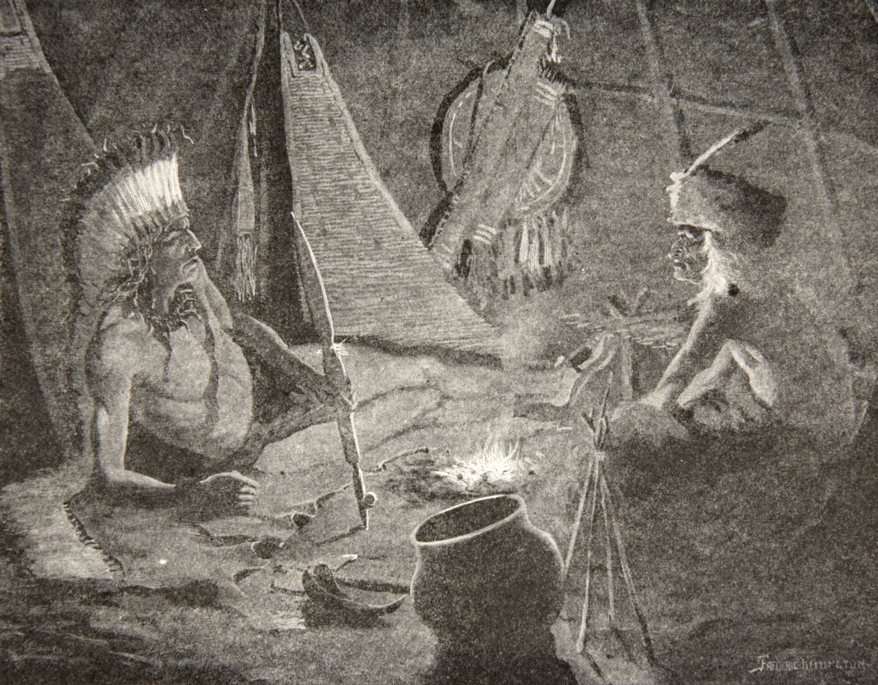 Pussistaan hän veti rauhanpiippunsa,... Antoi sen vieraalleen, muukalaiselle, Henry Wadsworth Longfellowin (1807-82) pubista The Song of Hiawatha. George G. Harrap und Company Ltd., 1911 tekijältä Frederic Remington