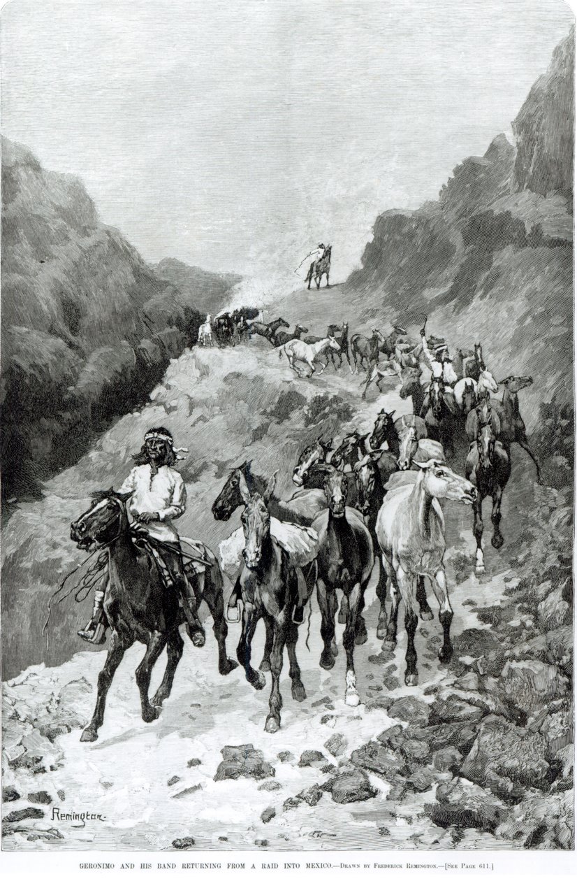 Geronimo ja hänen bändinsä palaamassa ryöstöstä Meksikoon tekijältä Frederic Remington