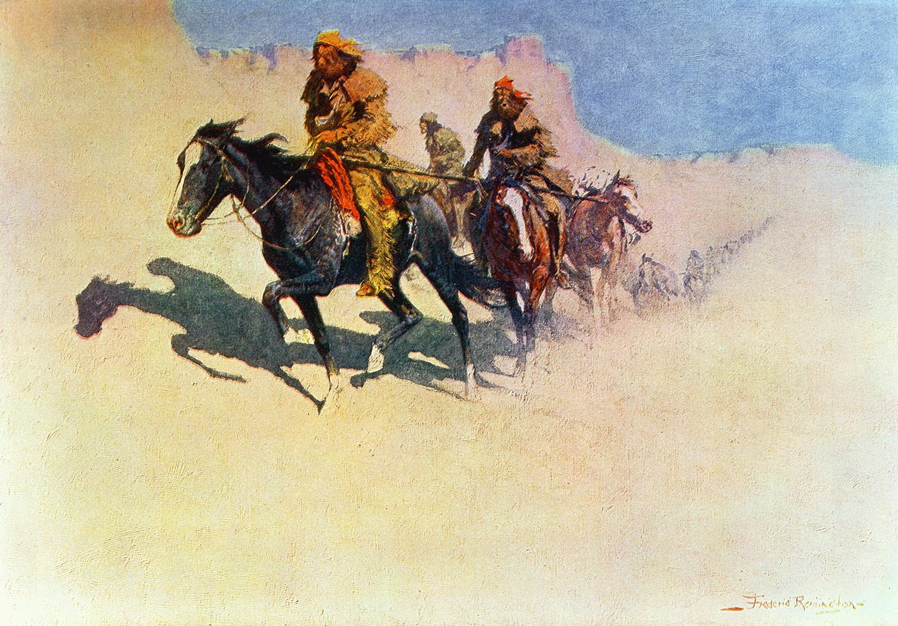 Jedediah Smith matkaa aavikon halki Green Riveristä espanjalaisille siirtokunnille San Diegoon, The Great Explorers -sarjasta, 1906 tekijältä Frederic Remington