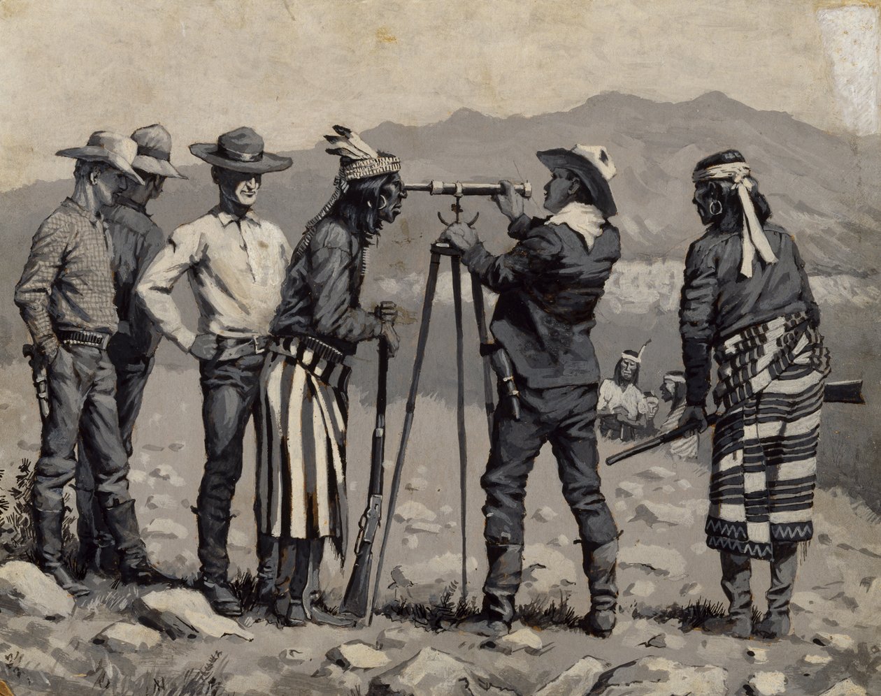 Katse kaukoputken läpi, noin 1888 (öljy kartongille mustavalkoisena). tekijältä Frederic Remington