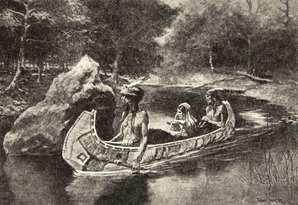Pistänyt sen suoraan jokeen... Siellä, missä se näkyy edelleen kesällä, Henry Wadsworth Longfellowin (1807-82) pubista The Song of Hiawatha. George G. Harrap und Company Ltd., 1911 tekijältä Frederic Remington