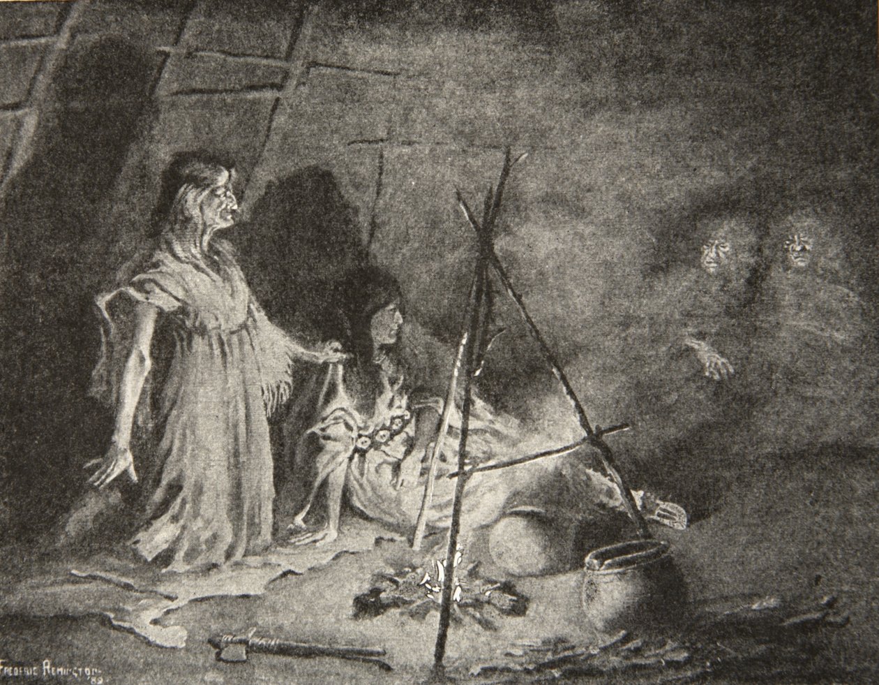 Istui kaukaisimmassa nurkassa, hiipien matalalla varjojen keskellä, Henry Wadsworth Longfellowin (1807-82) pubista The Song of Hiawatha. George G. Harrap und Company Ltd., 1911 tekijältä Frederic Remington