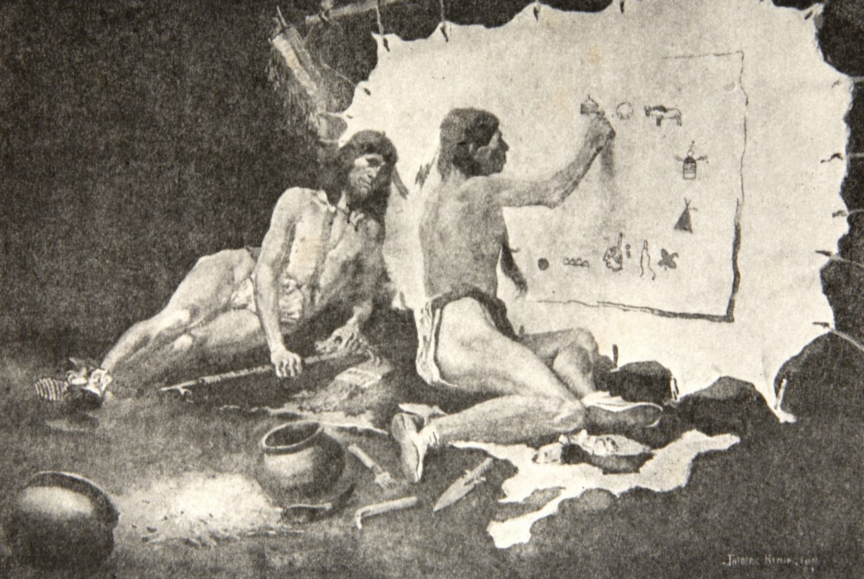 Kuten nämä muodot, jotka he maalasivat, Koivun kuoreen ja hirven ihoon, Henry Wadsworth Longfellowin (1807-82) Hiawathan laulusta, pub. George G. Harrap und Company Ltd., 1911 tekijältä Frederic Remington
