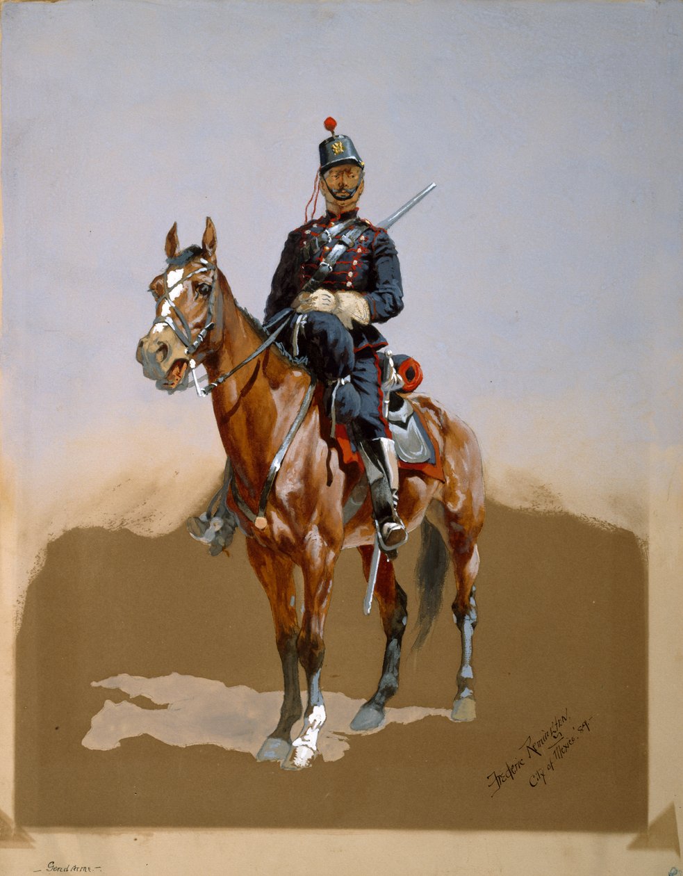 Santarmi, 1889 (wc, muste ja guassi paperille) tekijältä Frederic Remington