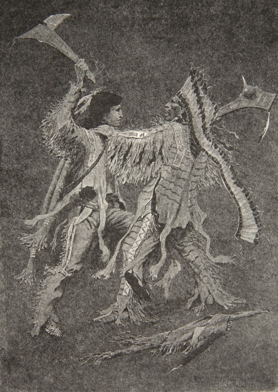 Sitten alkoi suurin taistelu, johon aurinko oli koskaan katsonut, Henry Wadsworth Longfellowin (1807-82) pubista The Song of Hiawatha. George G. Harrap und Company Ltd., 1911 tekijältä Frederic Remington