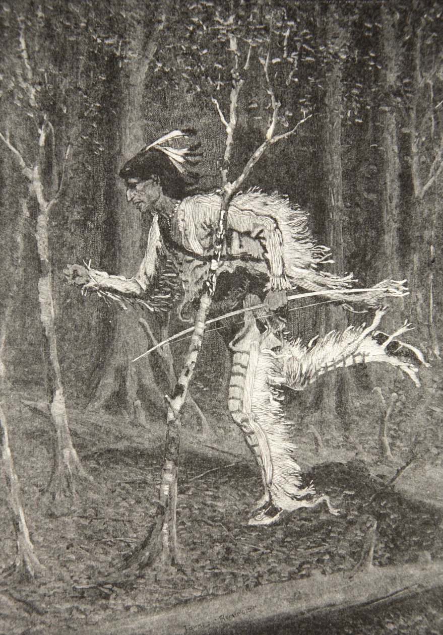 Pensaan, jarrun ja metsän läpi juoksi ovela Pau-Puk-Keewis Henry Wadsworth Longfellowin (1807-82) pubista The Song of Hiawatha. George G. Harrap und Company Ltd., 1911 tekijältä Frederic Remington