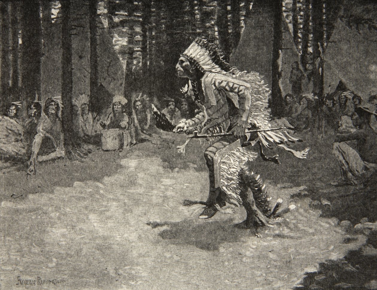 Varjojen ja auringonpaisteen läpi, Kulkee pehmeästi kuin pantteri, Henry Wadsworth Longfellowin (1807-82) pubista The Song of Hiawatha. George G. Harrap und Company Ltd., 1911 tekijältä Frederic Remington