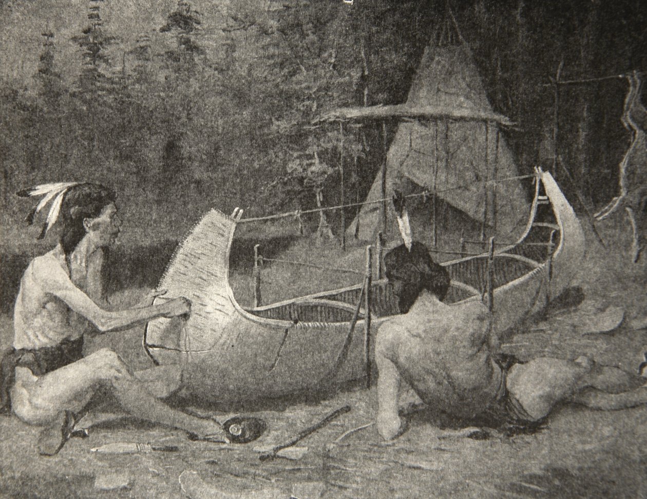 Näin koivikunootti rakennettiin... Metsän helmaan, Henry Wadsworth Longfellowin (1807-82) pubista The Song of Hiawatha. George G. Harrap und Company Ltd., 1911 tekijältä Frederic Remington