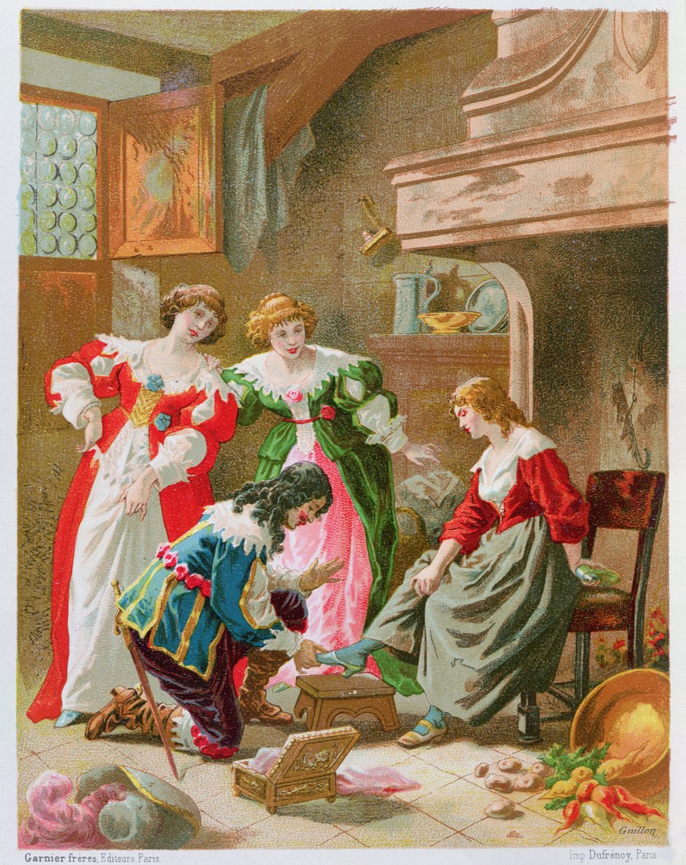Tuhkimo yrittää lasitossuja, Les Contes de Perrault (chromolitho) tekijältä Frederic Theodore Lix