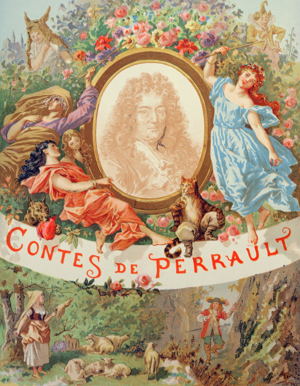 Kannen kuvitus teokseen "Contes de Perrault", jonka julkaisi editions Garnier, Pariisi, 1800-luvun loppupuoli. tekijältä Frederic Theodore Lix