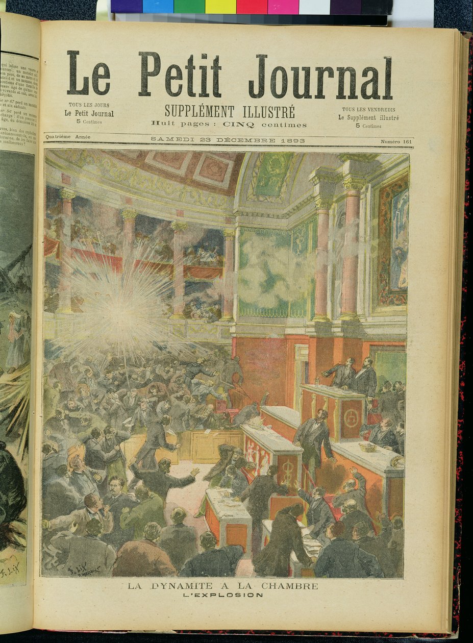 Dynamiitti räjähtää edustajainhuoneessa, Le Petit Journalin etukansi 23. joulukuuta 1893 tekijältä Frederic Theodore Lix