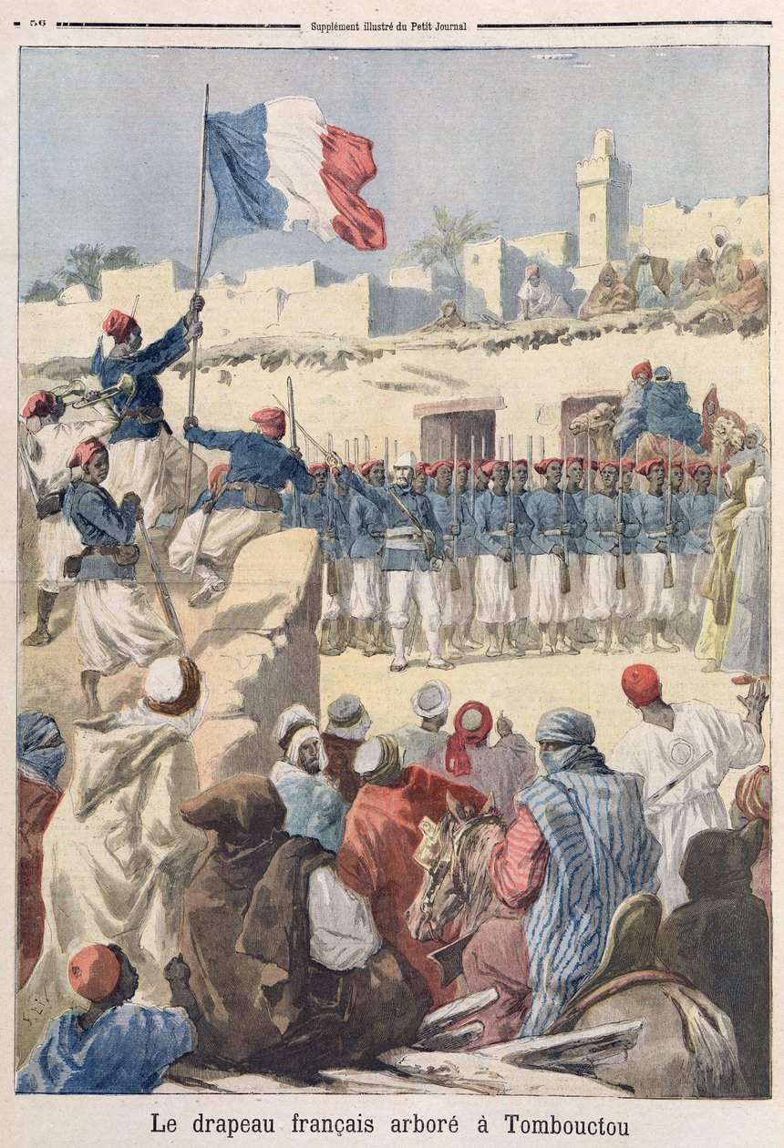 Ranskan lipun nostaminen Timbuktussa (Mali) Le Petit Journalista, helmikuu 1894 tekijältä Frederic Theodore Lix