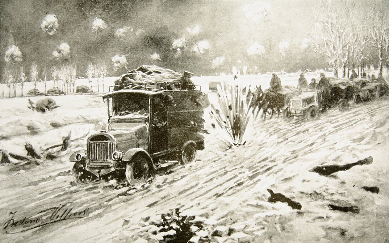 Brittiläinen liikennejuna etenee raskaan tulipalon alla lumipeitteisiä Ypres-teitä pitkin tekijältä Frederic Villiers
