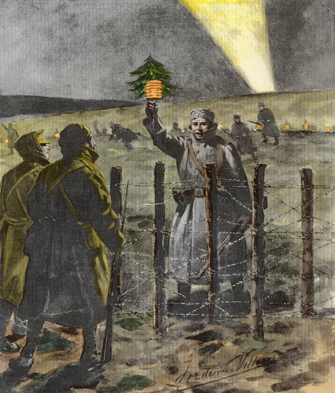 Joulupäivän aselepo 1914, julkaistu 1915 (myöhempi väritys) tekijältä Frederic Villiers