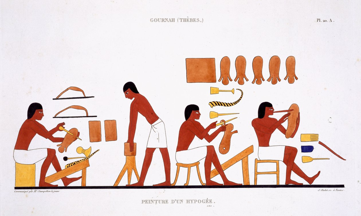 Nahkatyöläisiä harvinaisista Theban freskoista, jotka Frederic Cailliaud (1787-1869) nauhoitti toisella Egyptin vierailullaan 1819-1822, väri litho tekijältä Frederic (after) Cailliaud