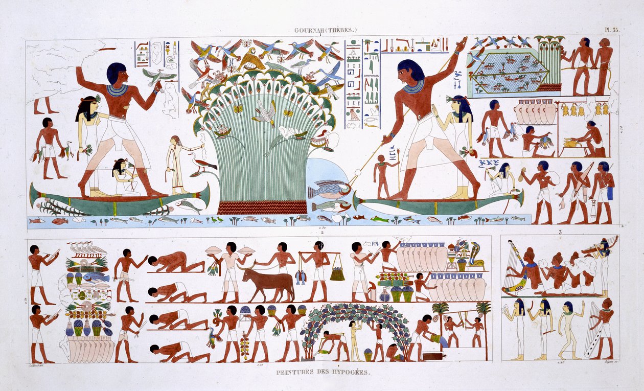 Ruoan valmistaminen Deadille, harvinaisista Theban freskoista, jotka Frederic Cailliaud (1787-1869) nauhoitti toisella Egyptin vierailullaan 1819-1822, väri litho tekijältä Frederic (after) Cailliaud